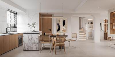 现代原木奶油风客餐厅 开放式厨房餐厅岛台 沙发茶几餐桌椅岛台操作台壁炉